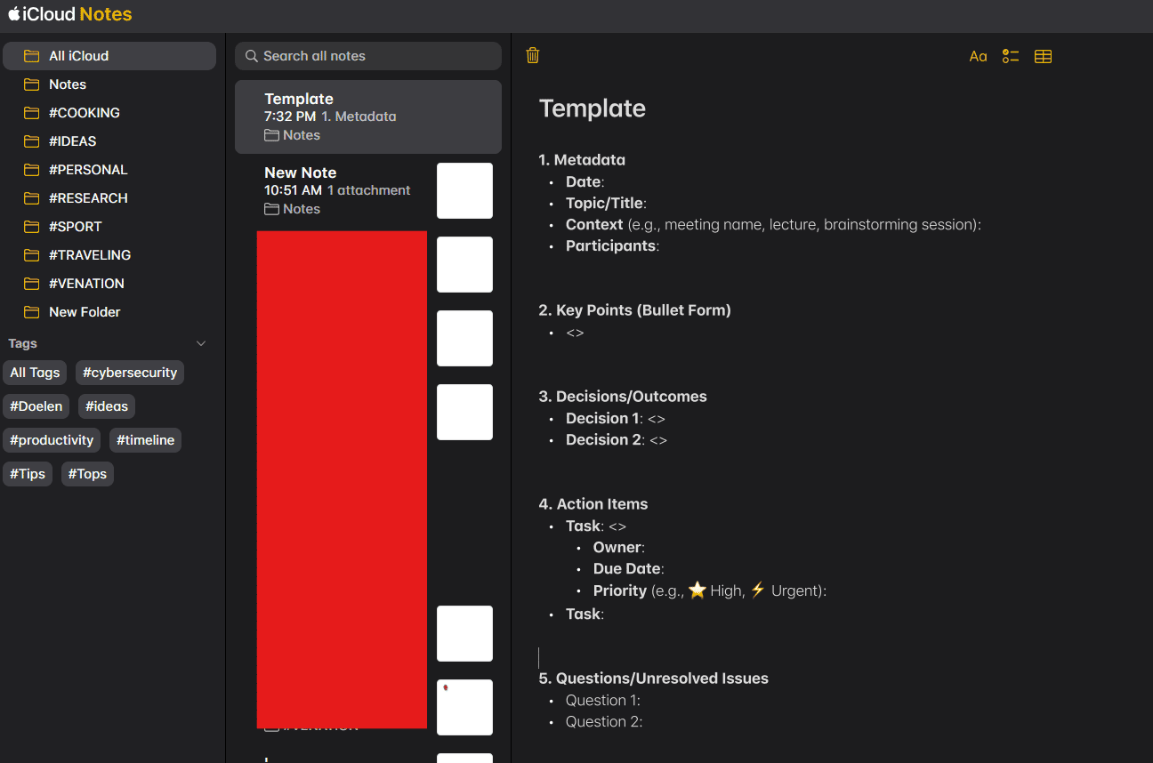 A simple meeting-notes template with sections for metadata, key points, decisions, action items and unresolved issues.