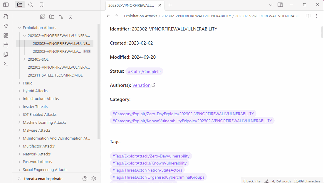 A security team's knowledge workspace showing many scattered files across folders on threats, exploitation, red teaming and defence.