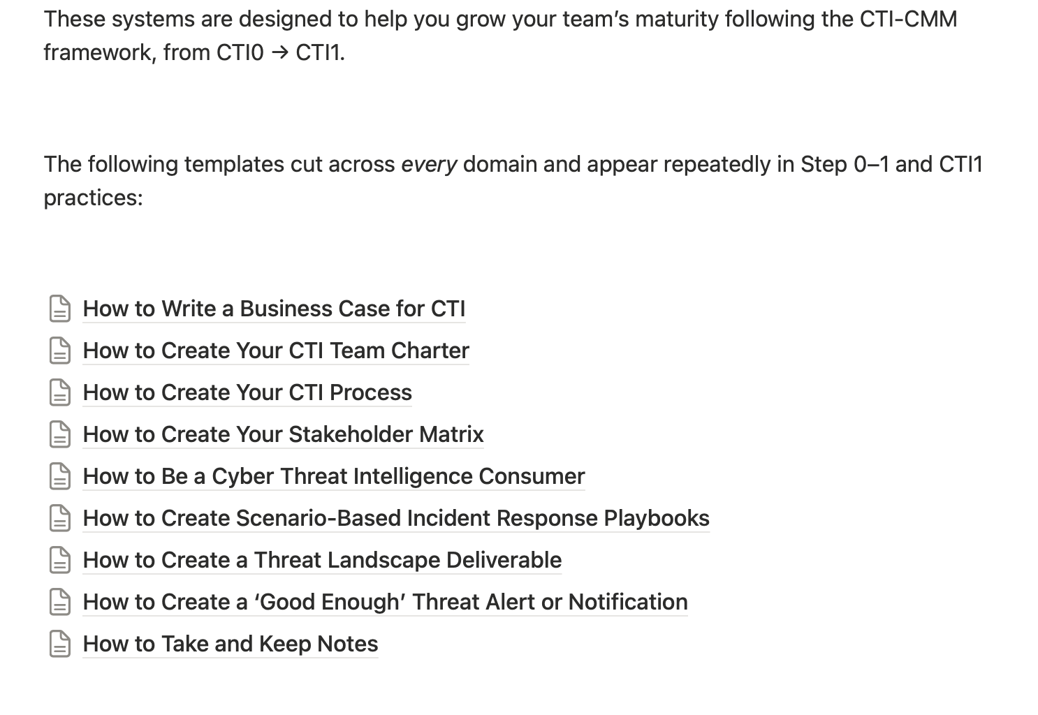 Preview of the Venation Systems Pack for Cyber Threat Intelligence, showing template titles including business case, team charter, process, stakeholder matrix, and playbooks.